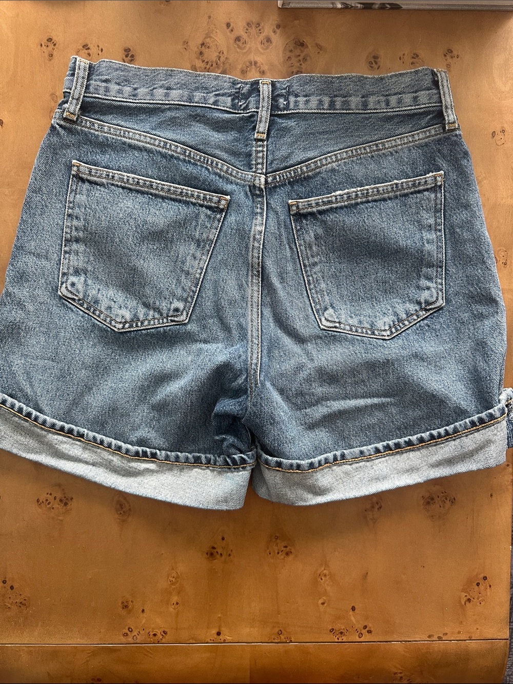 Agolde Medium Blue High-Rise Rolled Cuff Denim Shorts - Picture 3 of 5